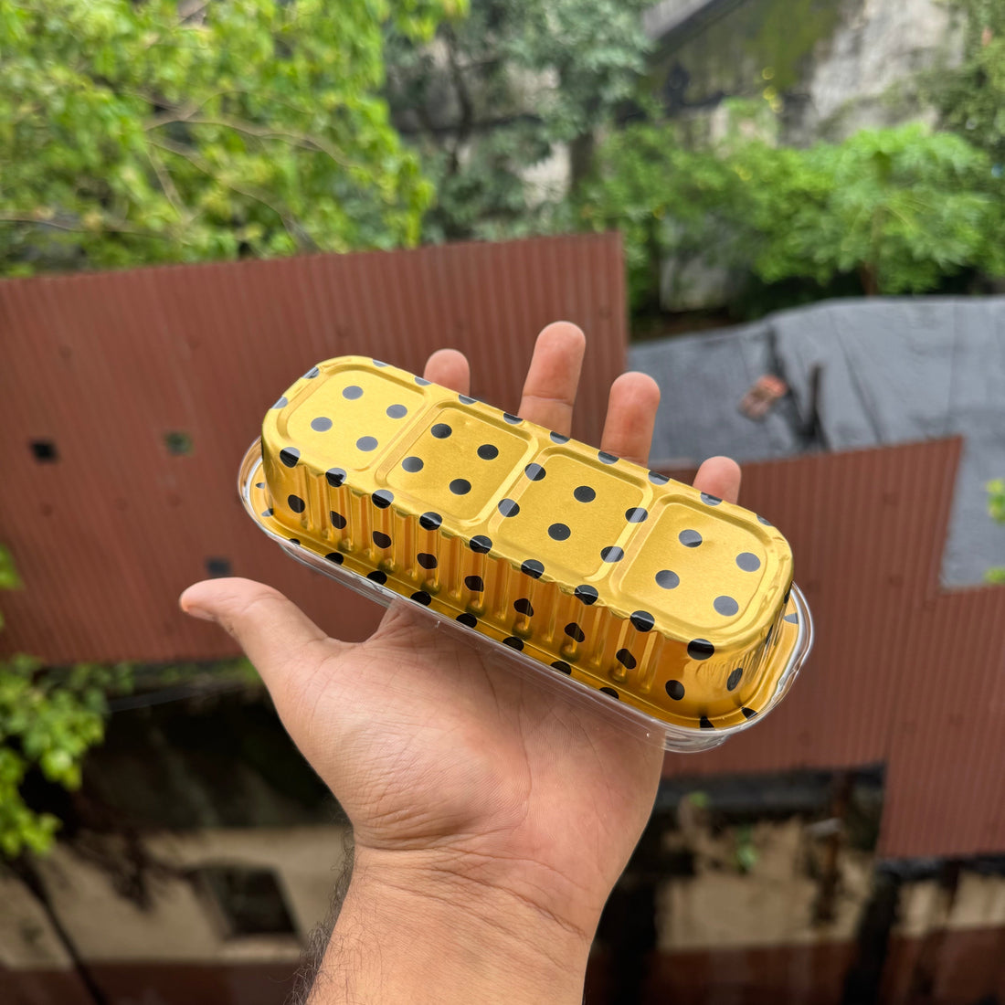 Printed Foil Bakeable Rectangle Container With Lid (10pc) ~ Gold Polka - Arife.Aesthetics