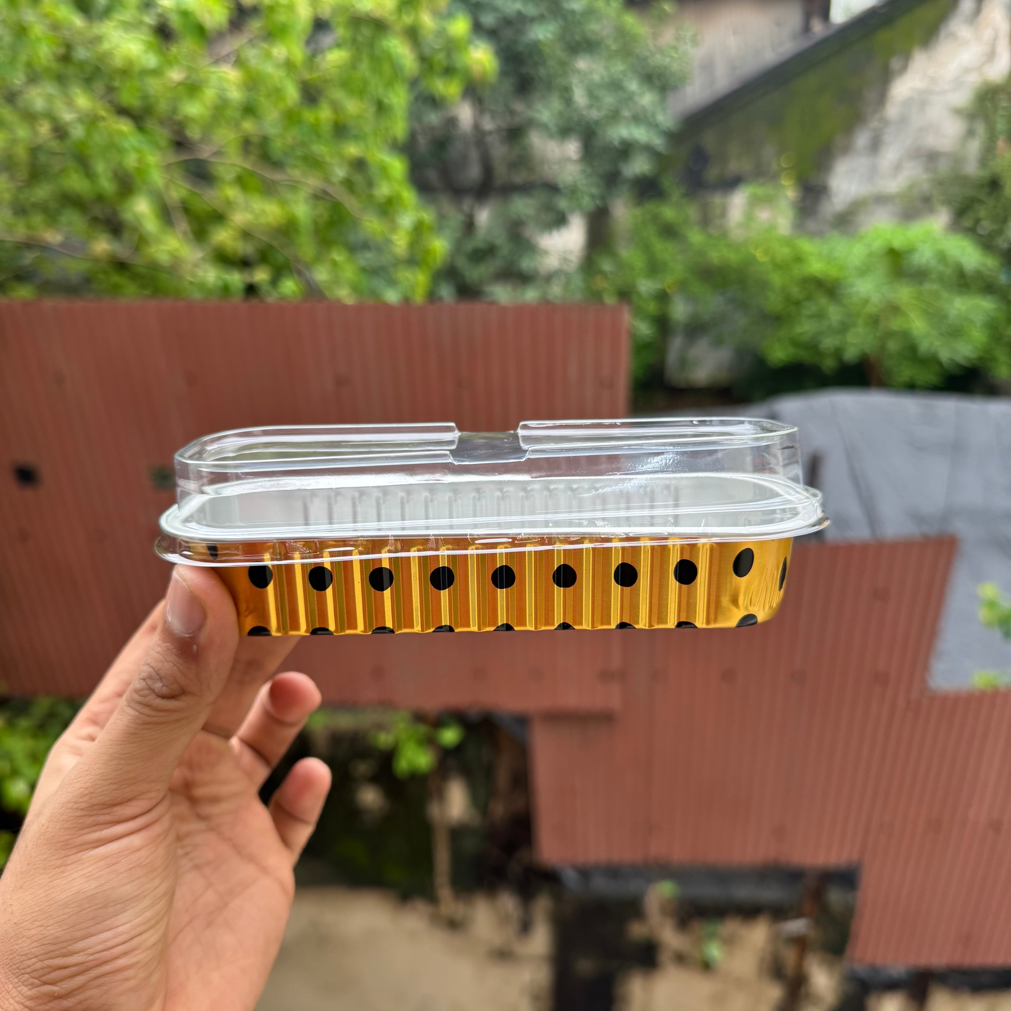 Printed Foil Bakeable Rectangle Container With Lid (10pc) ~ Gold Polka - Arife.Aesthetics
