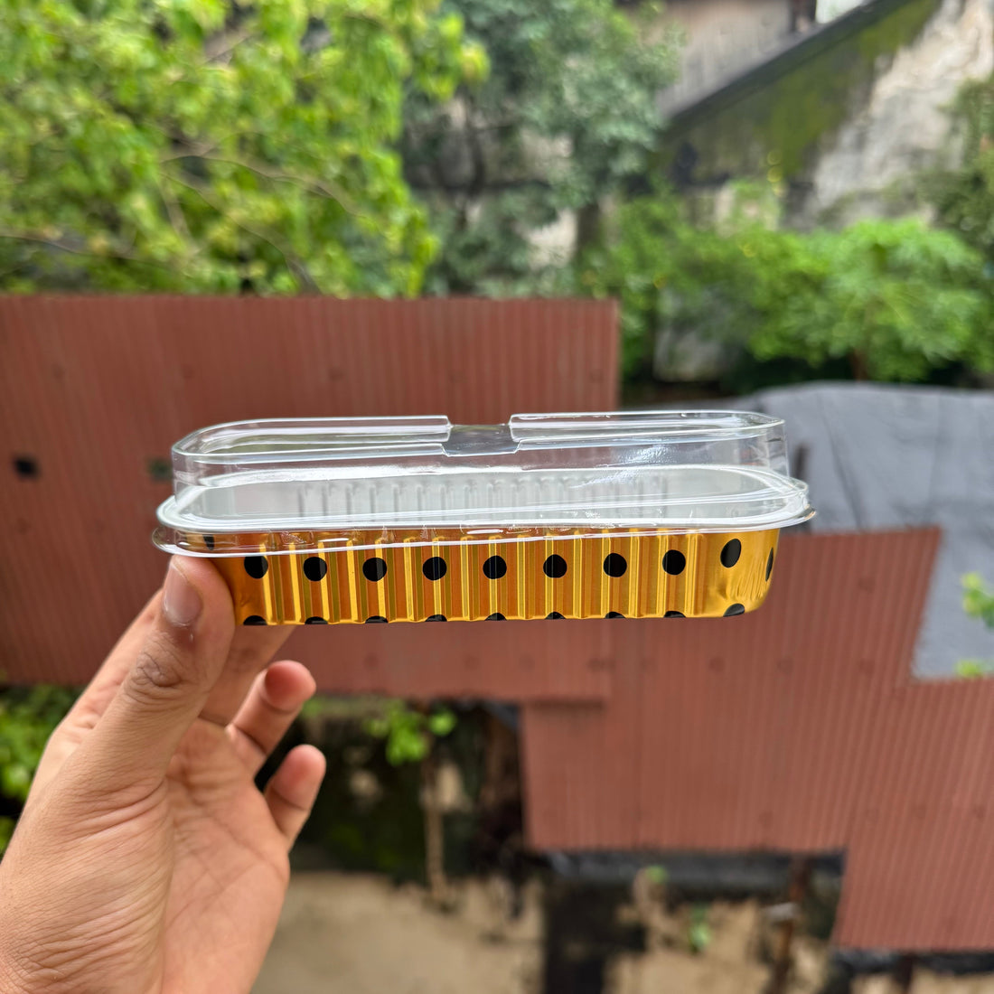 Printed Foil Bakeable Rectangle Container With Lid (10pc) ~ Gold Polka - Arife.Aesthetics