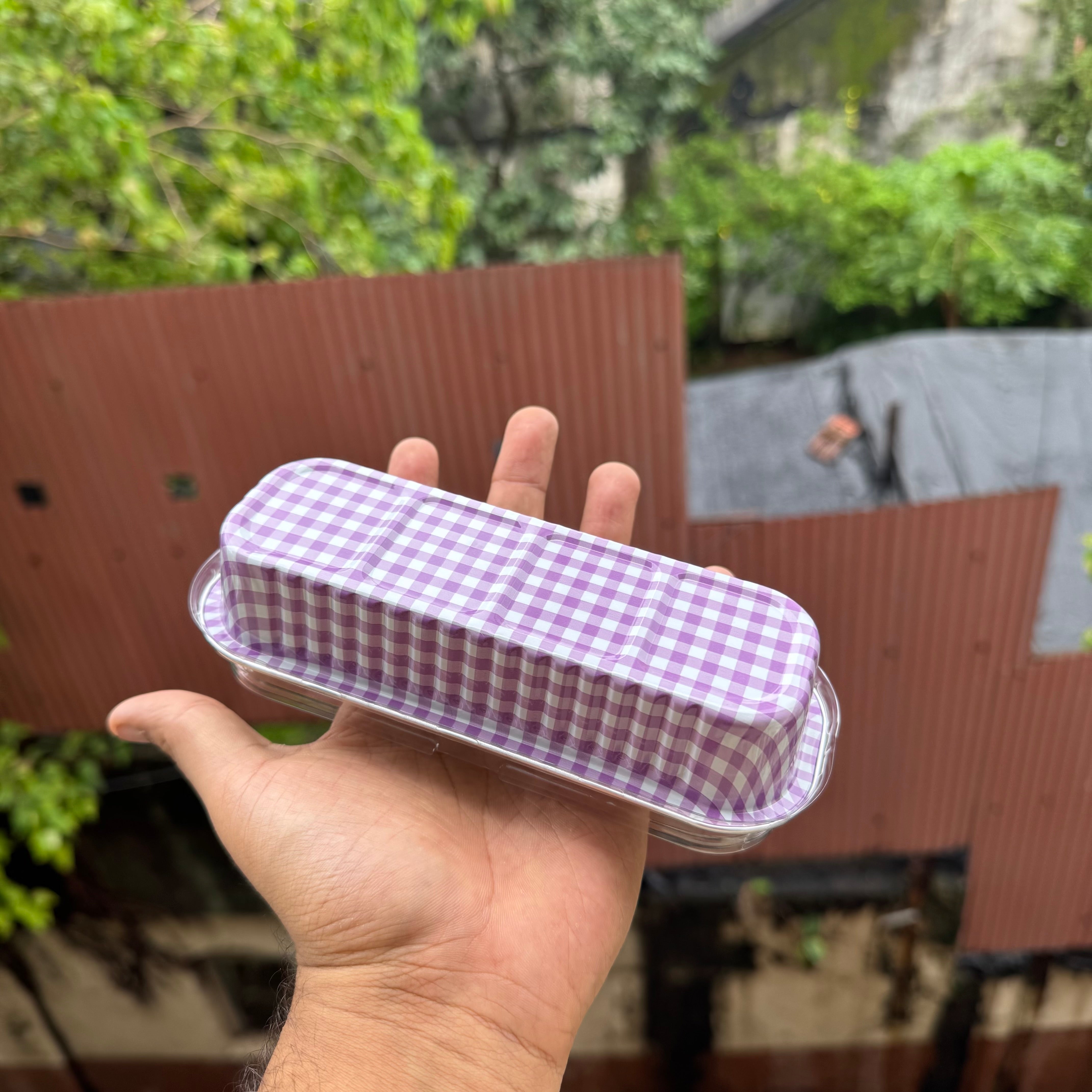 Printed Foil Bakeable Rectangle Container With Lid (10pc) ~ Lilac Checks - Arife.Aesthetics
