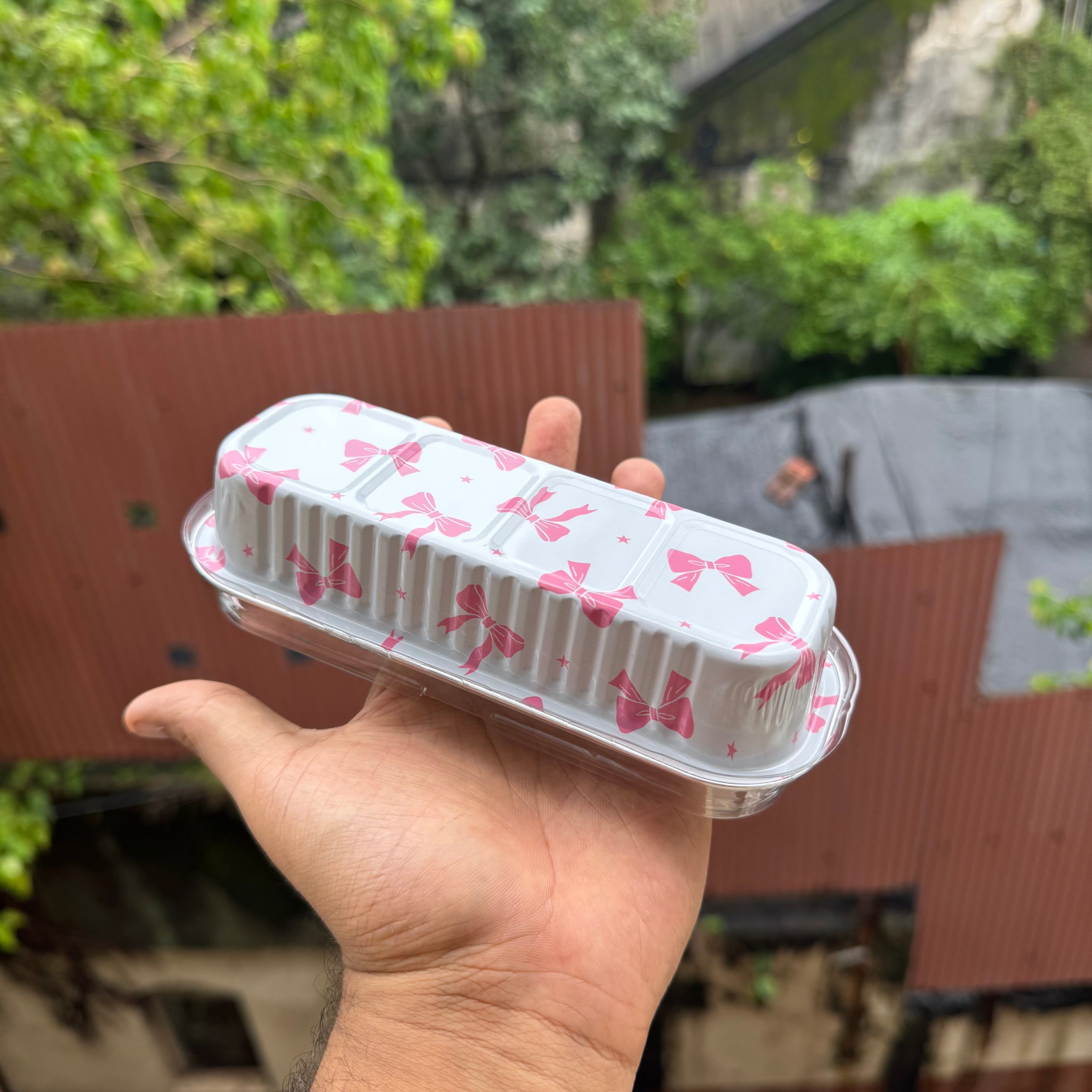 Printed Foil Bakeable Rectangle Container With Lid (10pc) ~ Pink Bow - Arife.Aesthetics