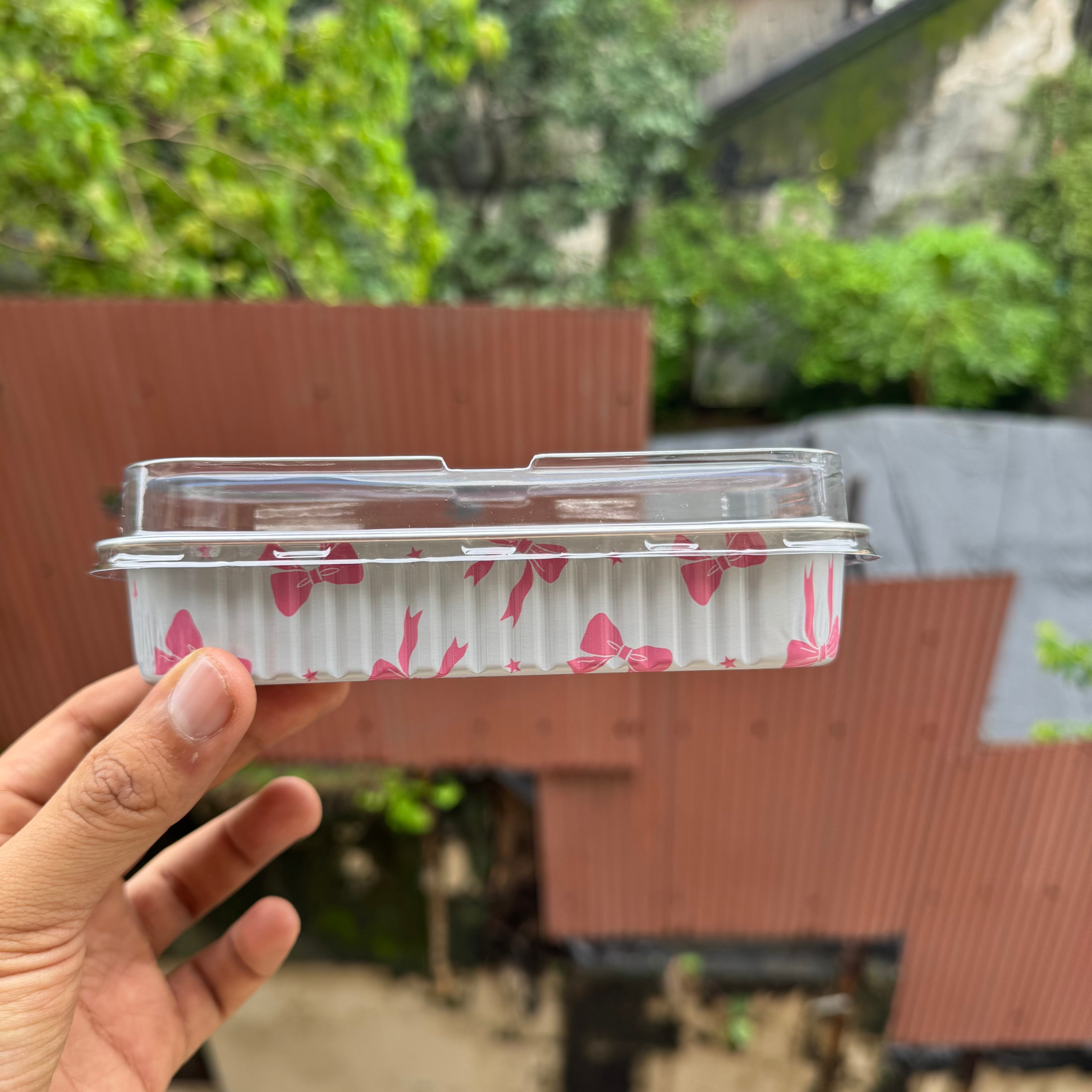 Printed Foil Bakeable Rectangle Container With Lid (10pc) ~ Pink Bow - Arife.Aesthetics