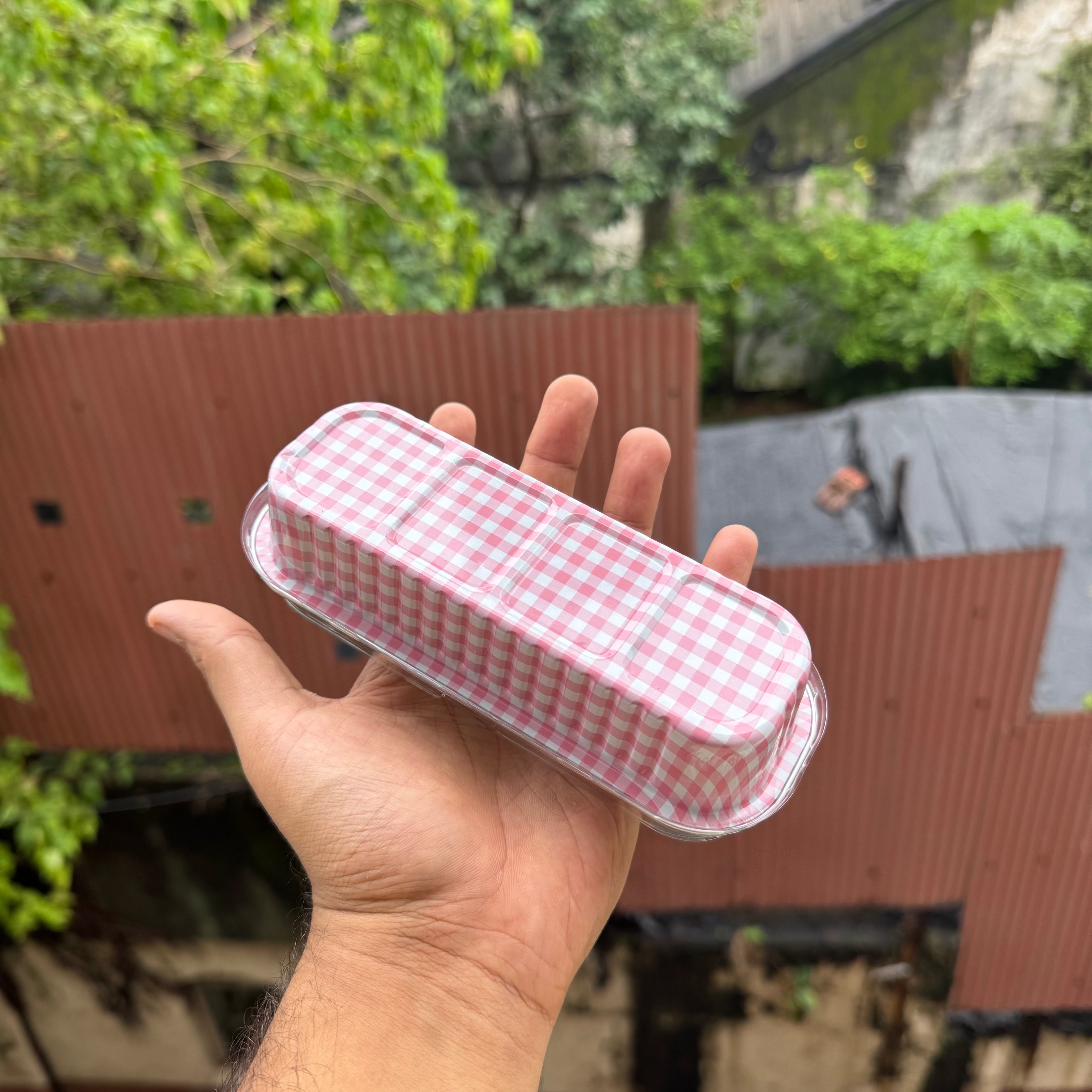 Printed Foil Bakeable Rectangle Container With Lid (10pc) ~ Pink Checks - Arife.Aesthetics