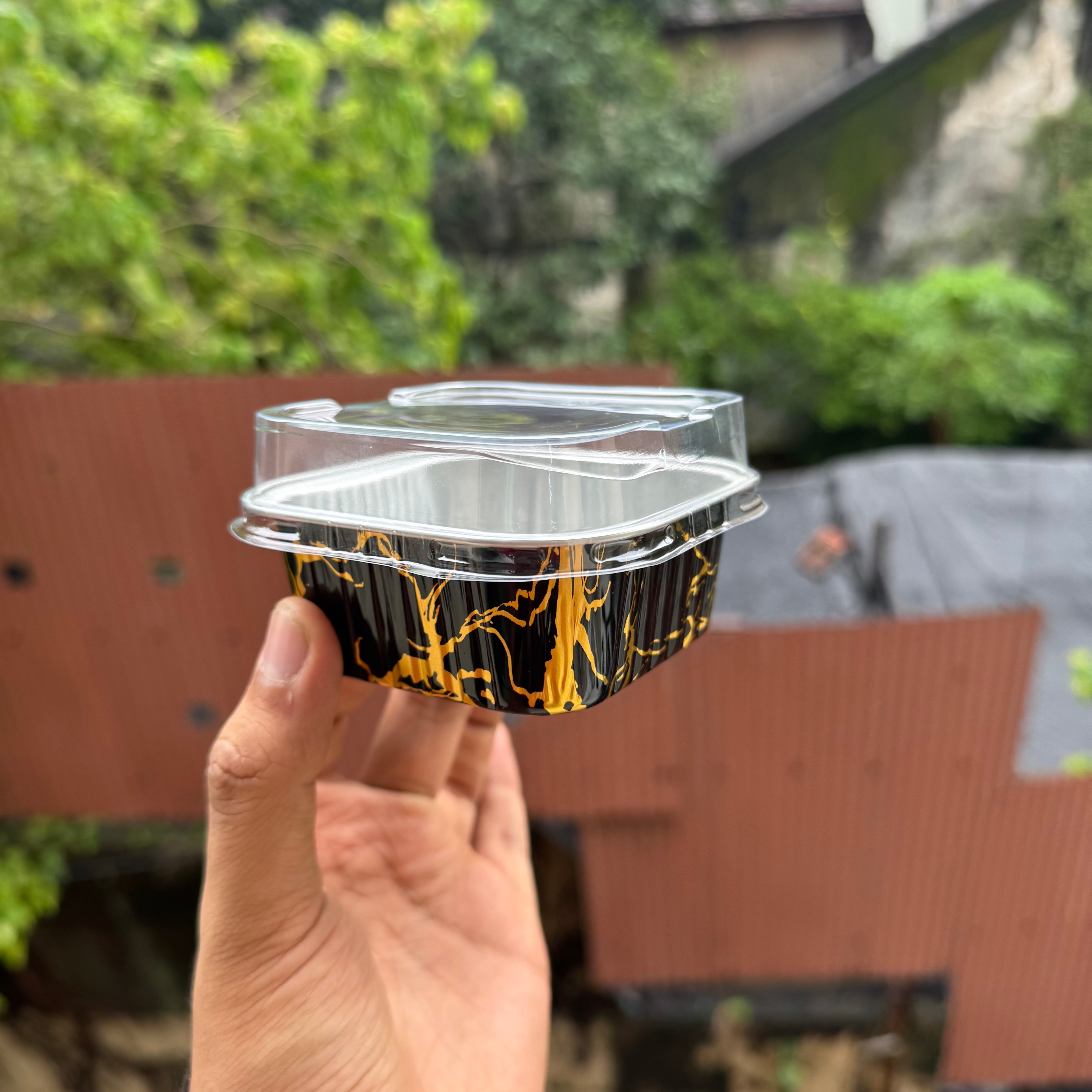 Printed Foil Bakeable Square Container With Lid (10pc) ~ Black Marble - Arife.Aesthetics