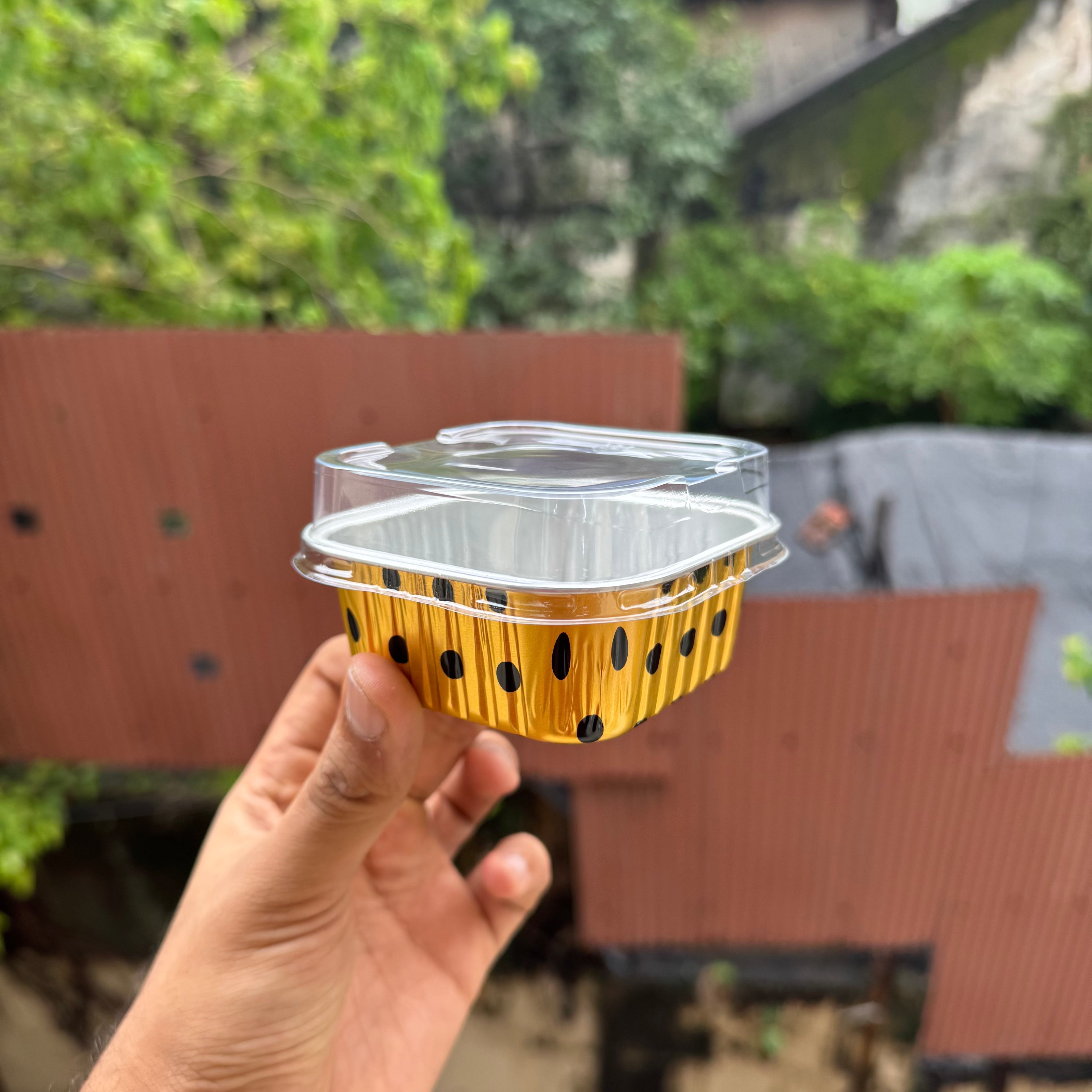Printed Foil Bakeable Square Container With Lid (10pc) ~ Gold Polka - Arife.Aesthetics