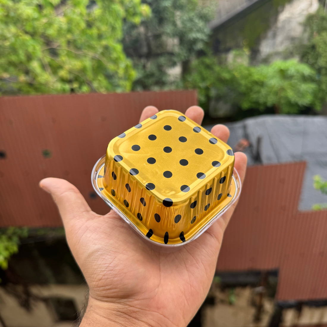 Printed Foil Bakeable Square Container With Lid (10pc) ~ Gold Polka - Arife.Aesthetics