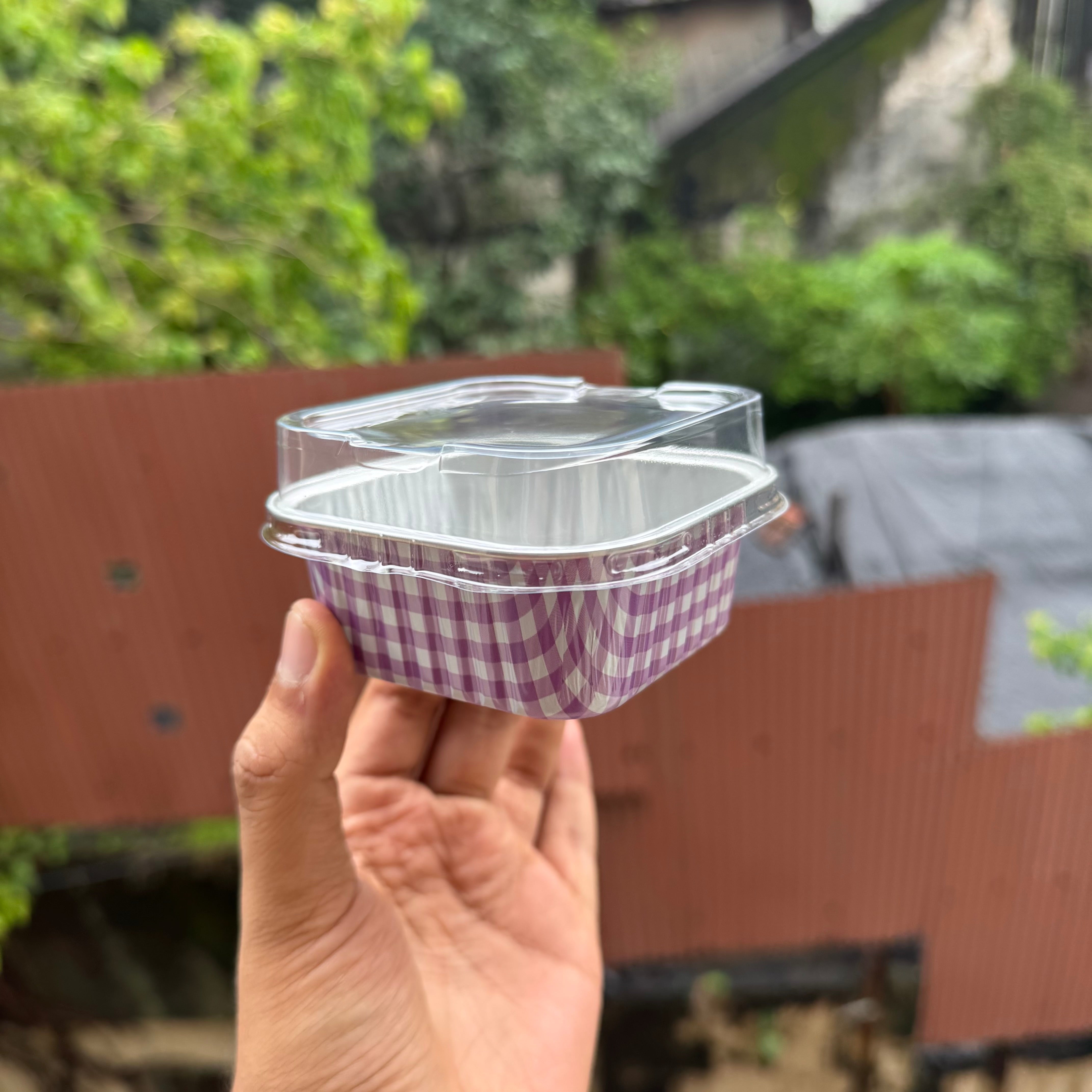 Printed Foil Bakeable Square Container With Lid (10pc) ~ Lilac Checks - Arife.Aesthetics