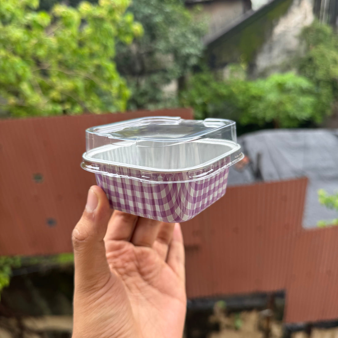 Printed Foil Bakeable Square Container With Lid (10pc) ~ Lilac Checks - Arife.Aesthetics