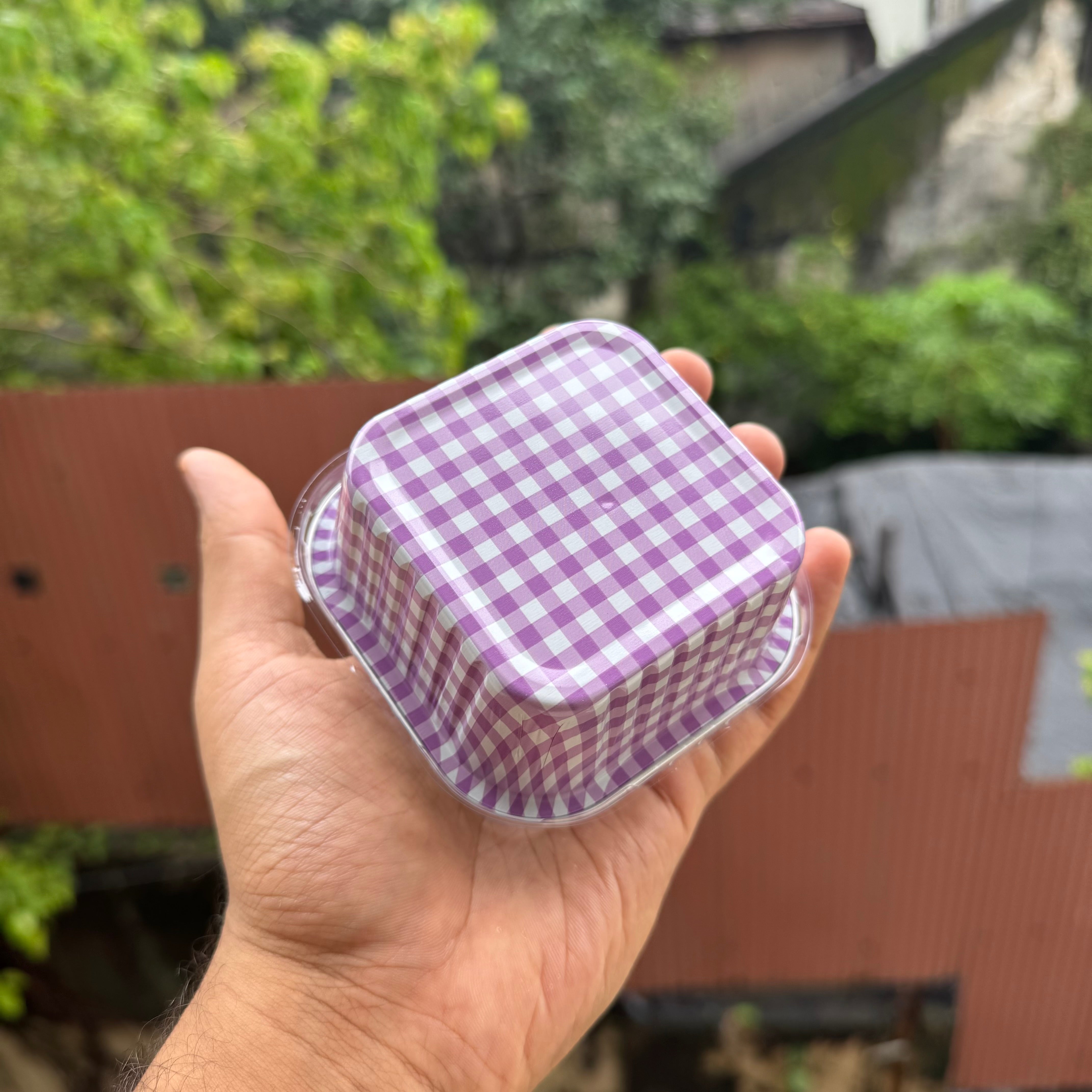 Printed Foil Bakeable Square Container With Lid (10pc) ~ Lilac Checks - Arife.Aesthetics
