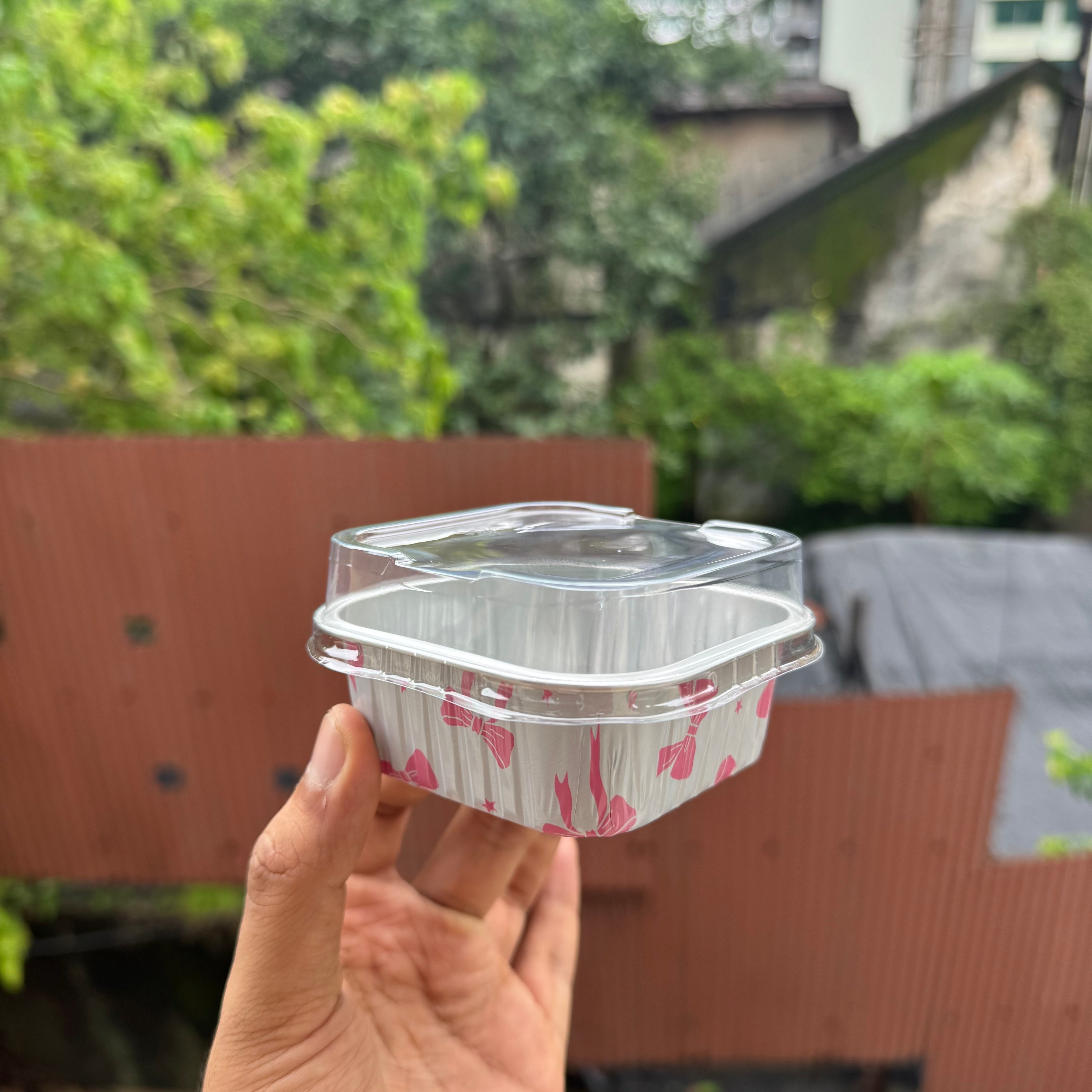 Printed Foil Bakeable Square Container With Lid (10pc) ~ Pink Bow - Arife.Aesthetics