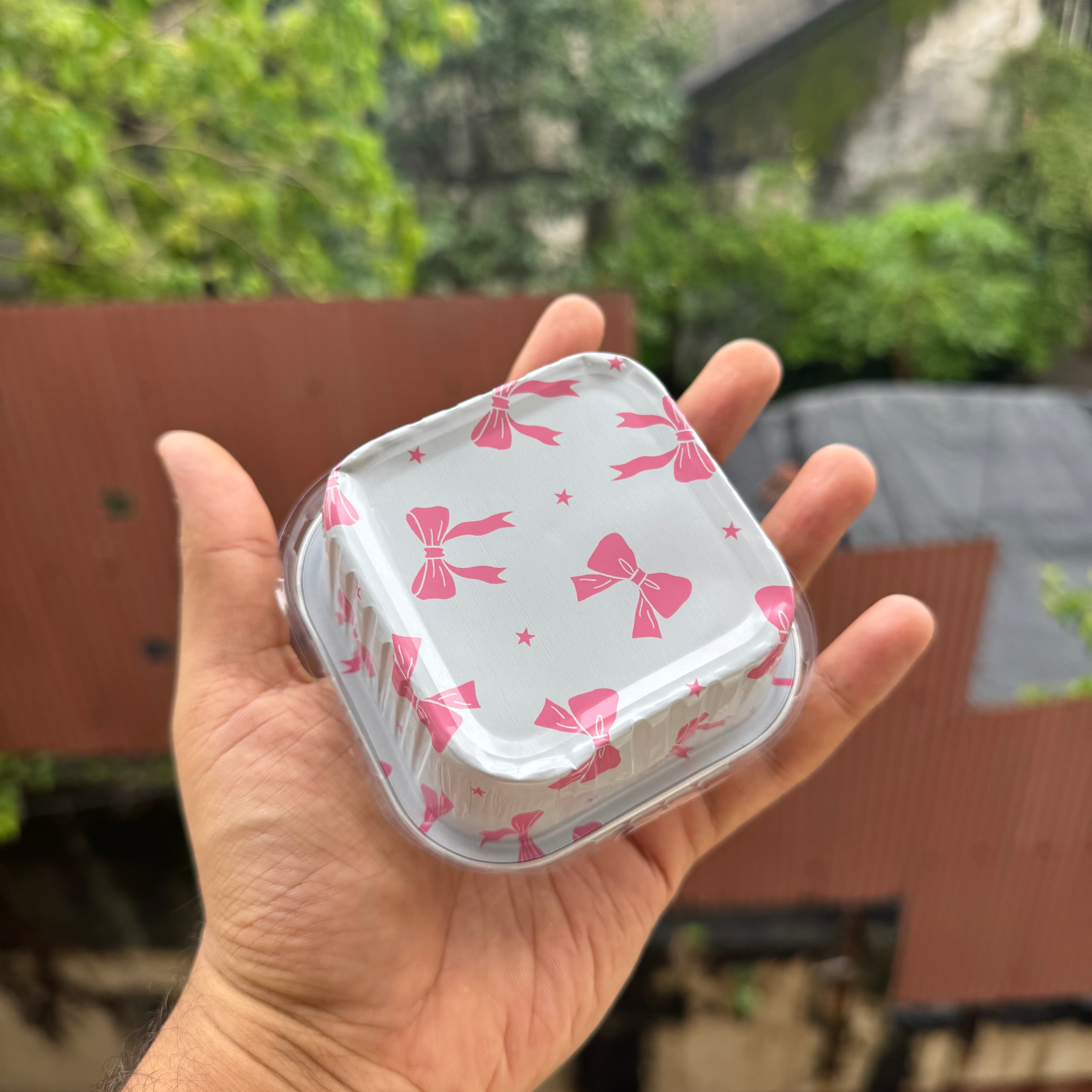 Printed Foil Bakeable Square Container With Lid (10pc) ~ Pink Bow - Arife.Aesthetics