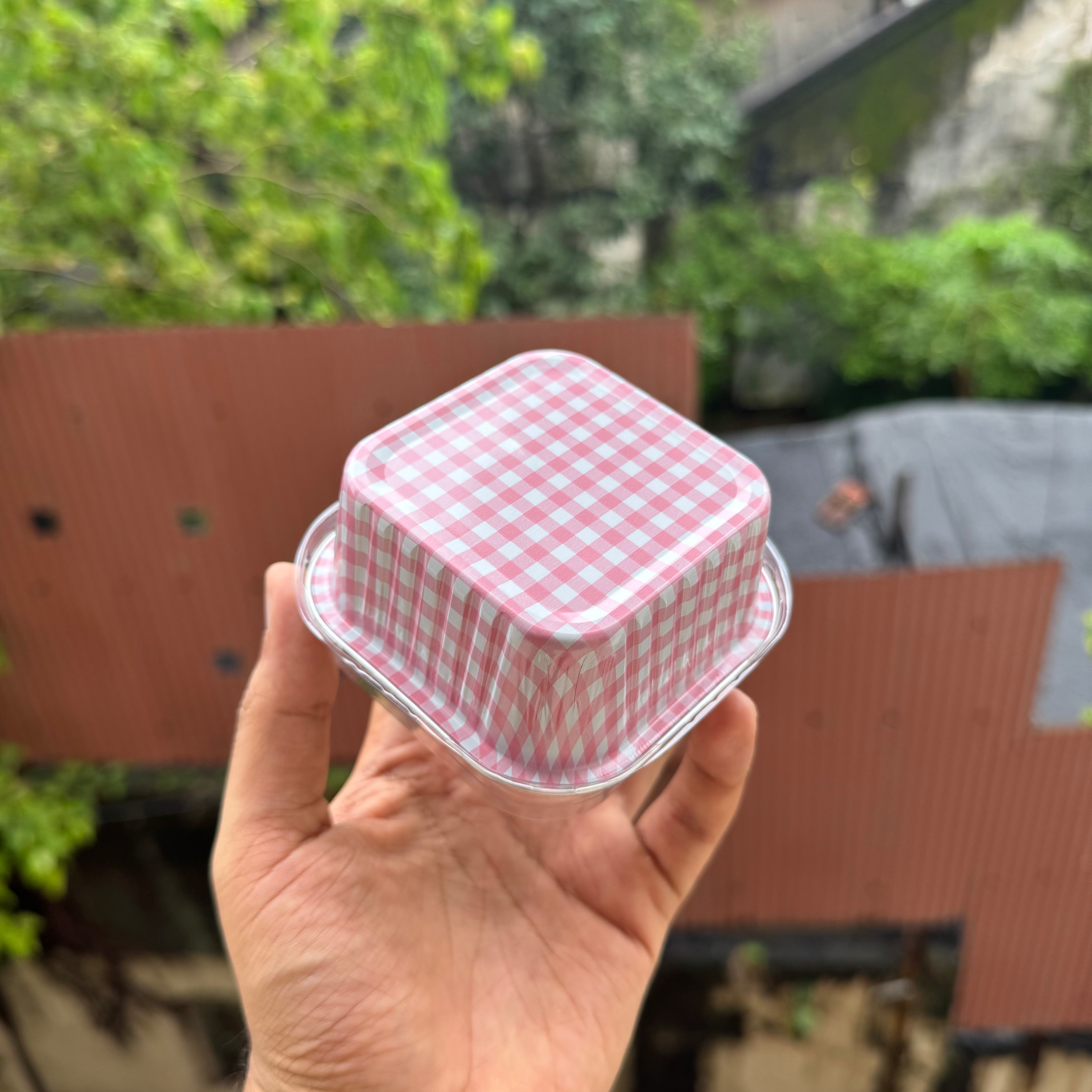 Printed Foil Bakeable Square Container With Lid (10pc) ~ Pink Checks - Arife.Aesthetics