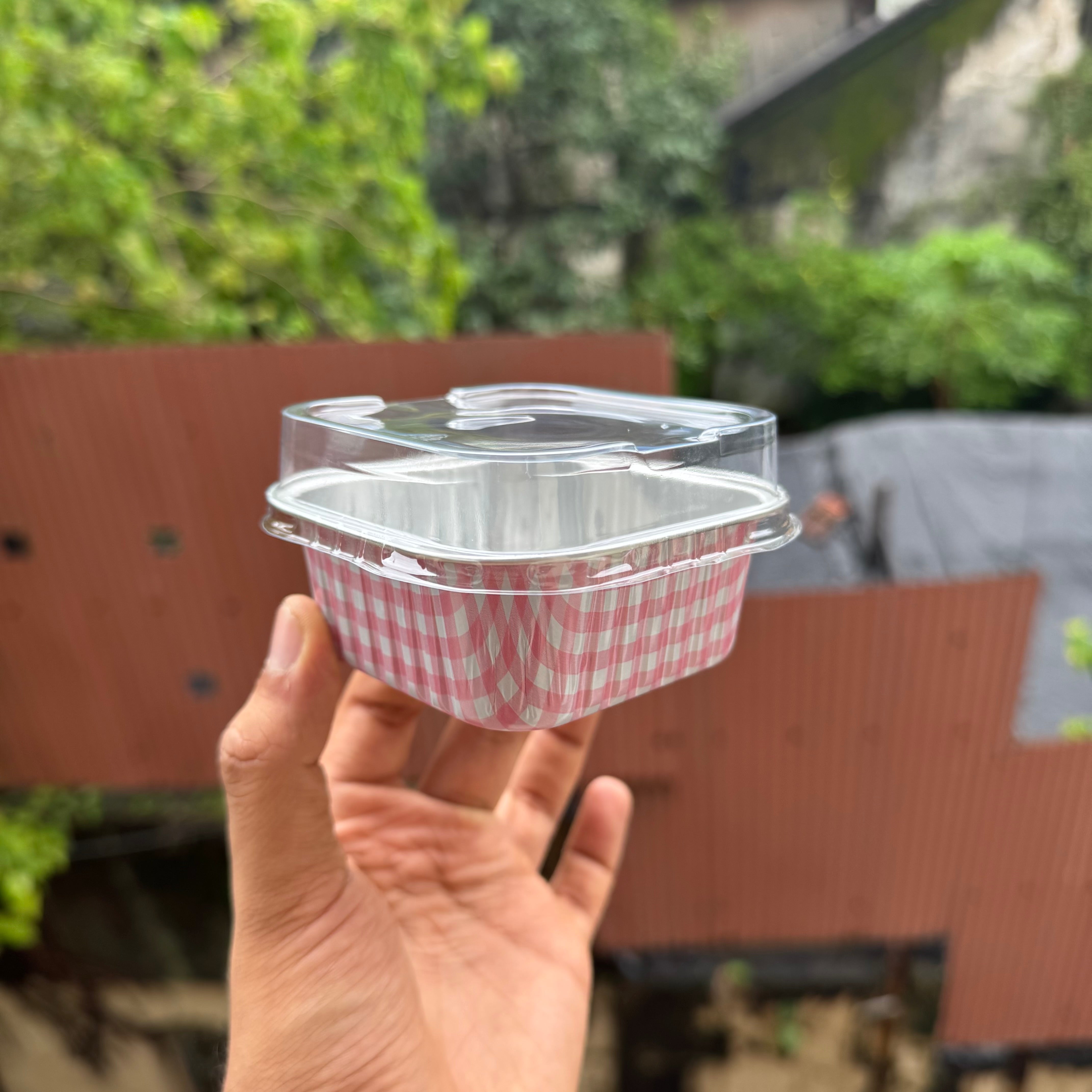 Printed Foil Bakeable Square Container With Lid (10pc) ~ Pink Checks - Arife.Aesthetics