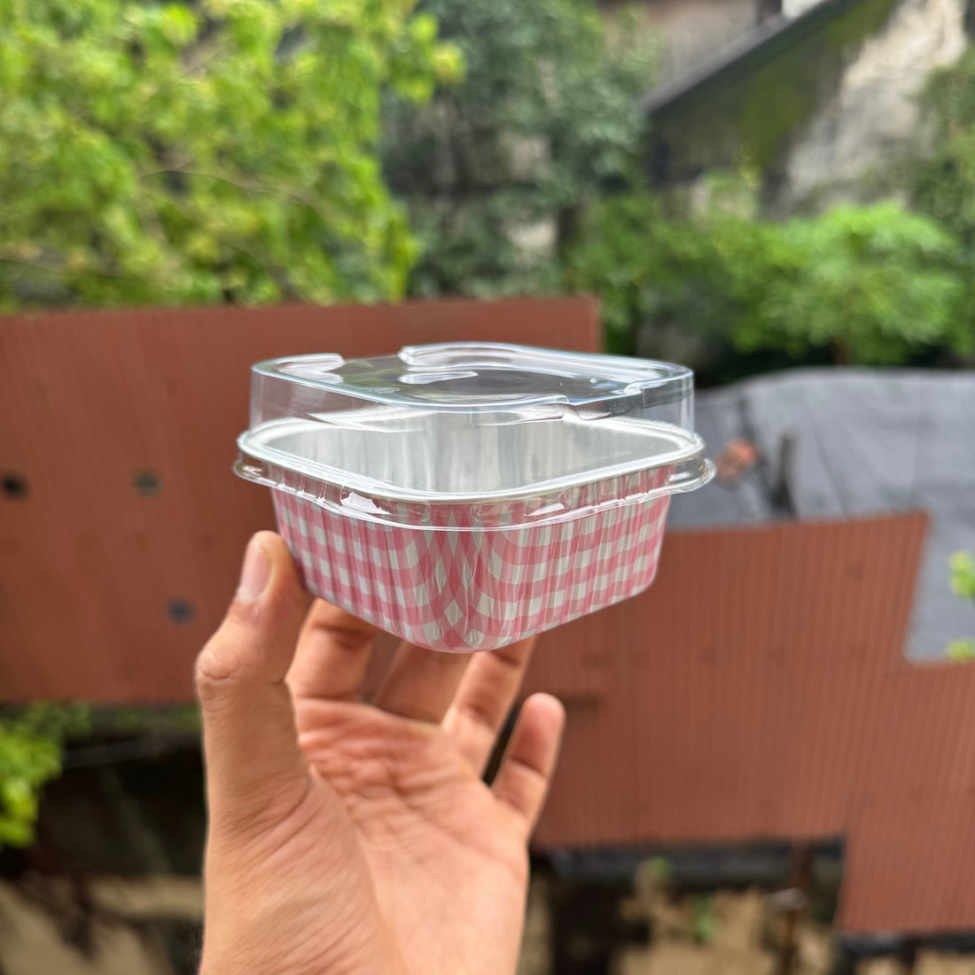 Printed Foil Bakeable Square Container With Lid (10pc) ~ Pink Checks - Arife.Aesthetics