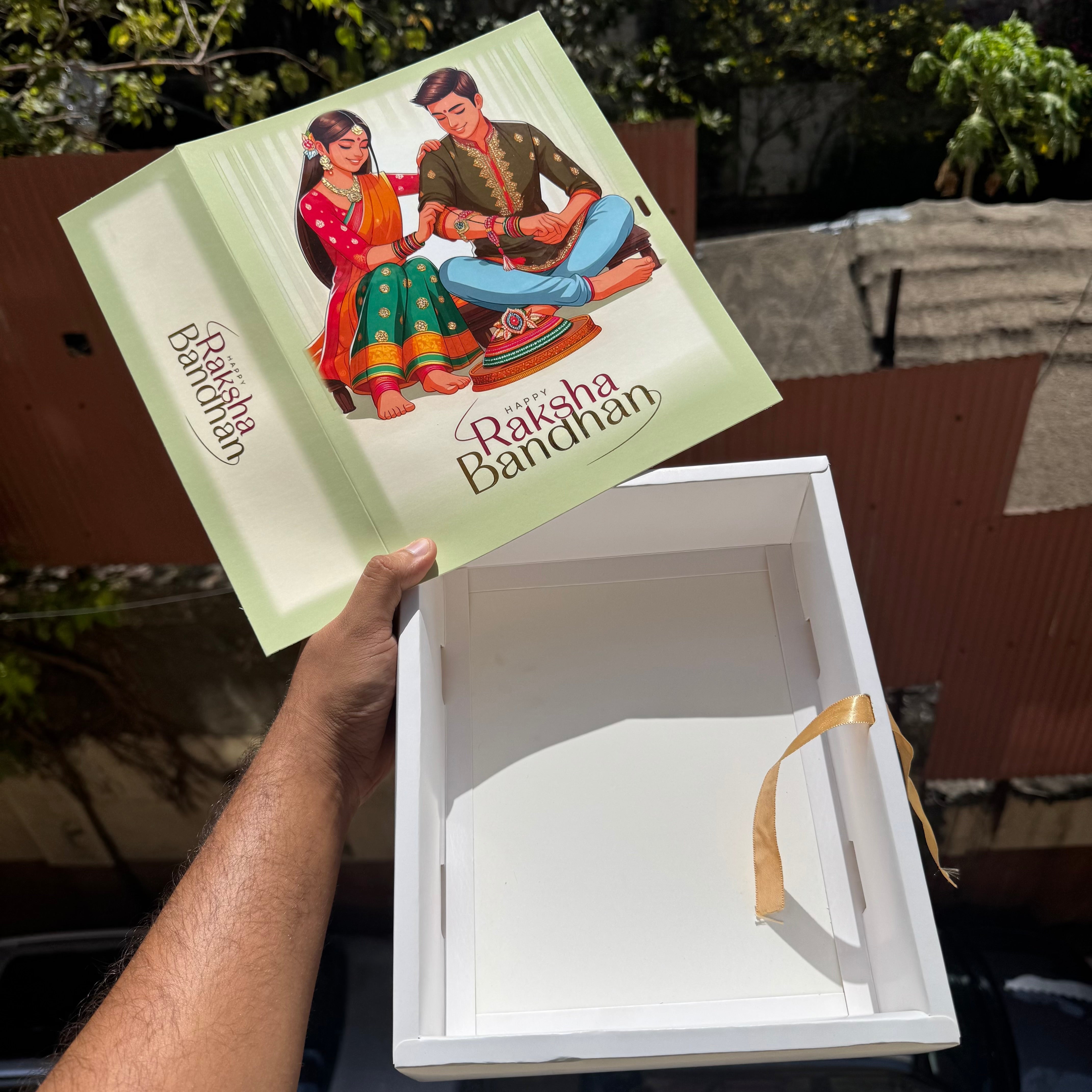 Rakhi Hamper Box With Gold Foil Detailing And Ribbon (10pc) - Arife.Aesthetics