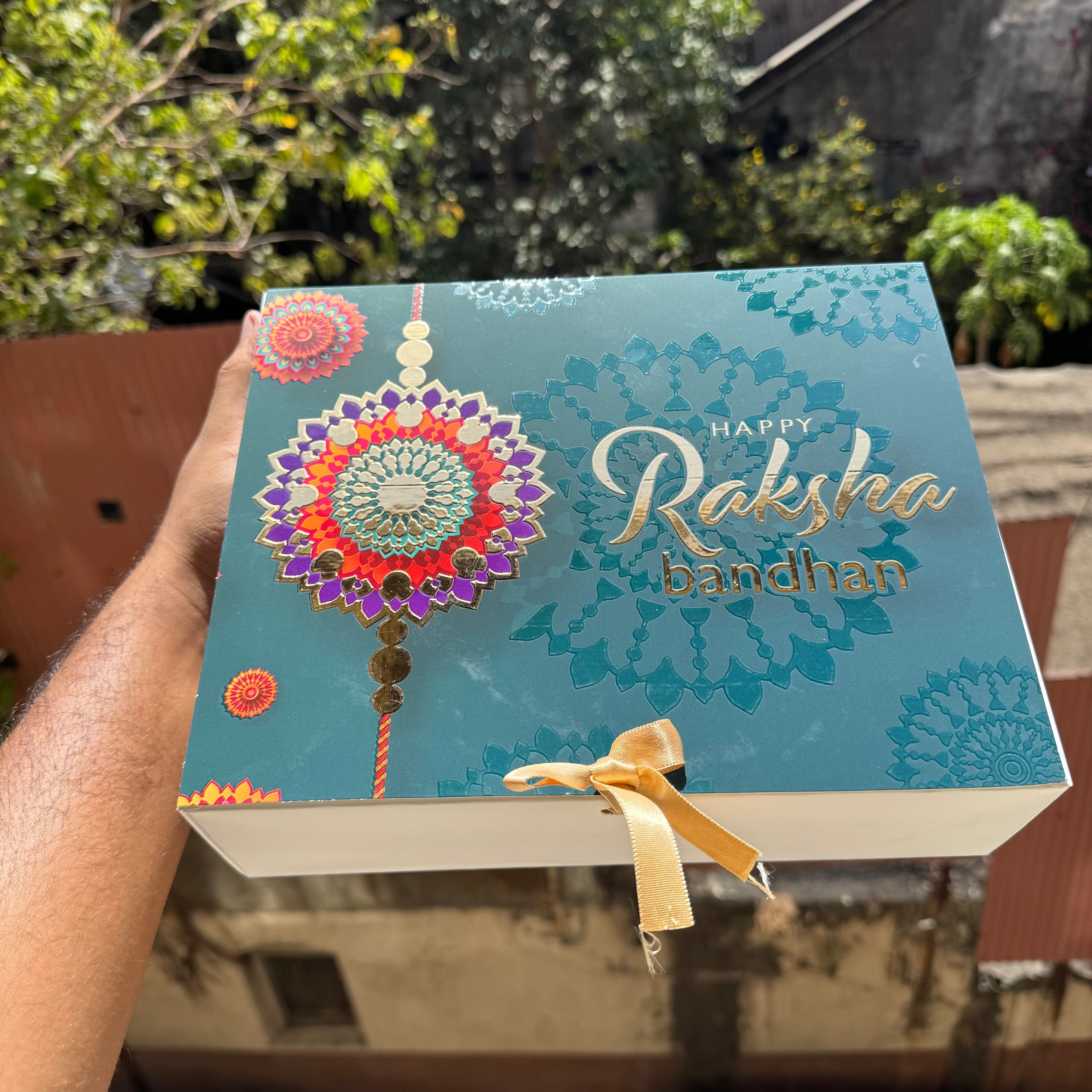 Rakhi Hamper Box With Gold Foil Detailing And Ribbon (10pc) - Arife.Aesthetics