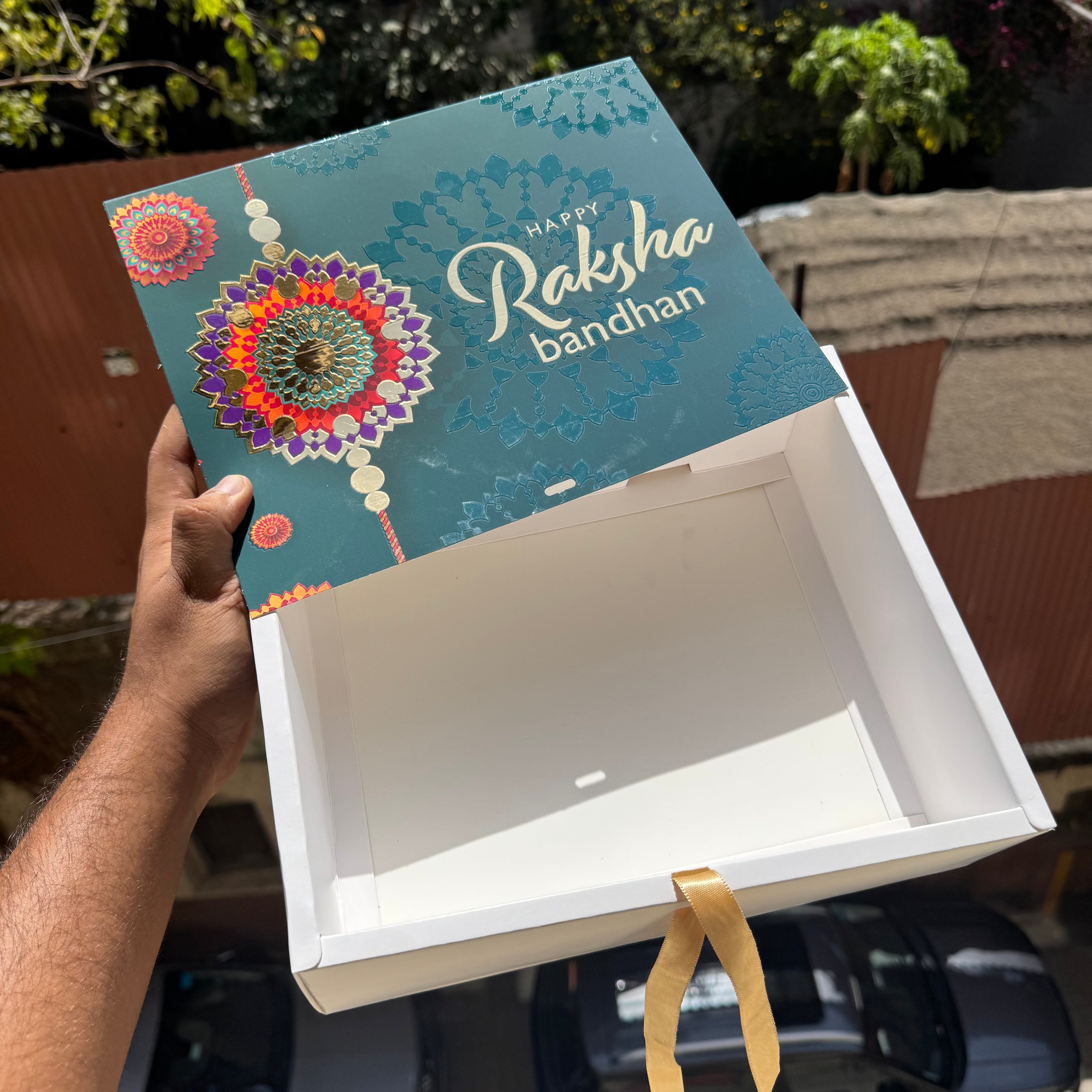 Rakhi Hamper Box With Gold Foil Detailing And Ribbon (10pc) - Arife.Aesthetics